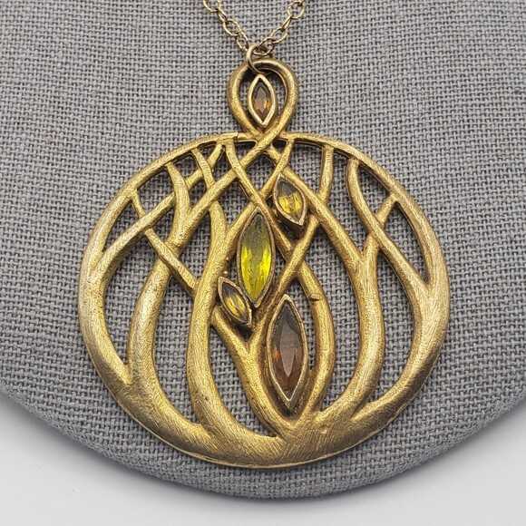 Brushed Matte Gold Tone Large Scrollwork Pendant Chain Necklace Boho - Picture 3 of 10